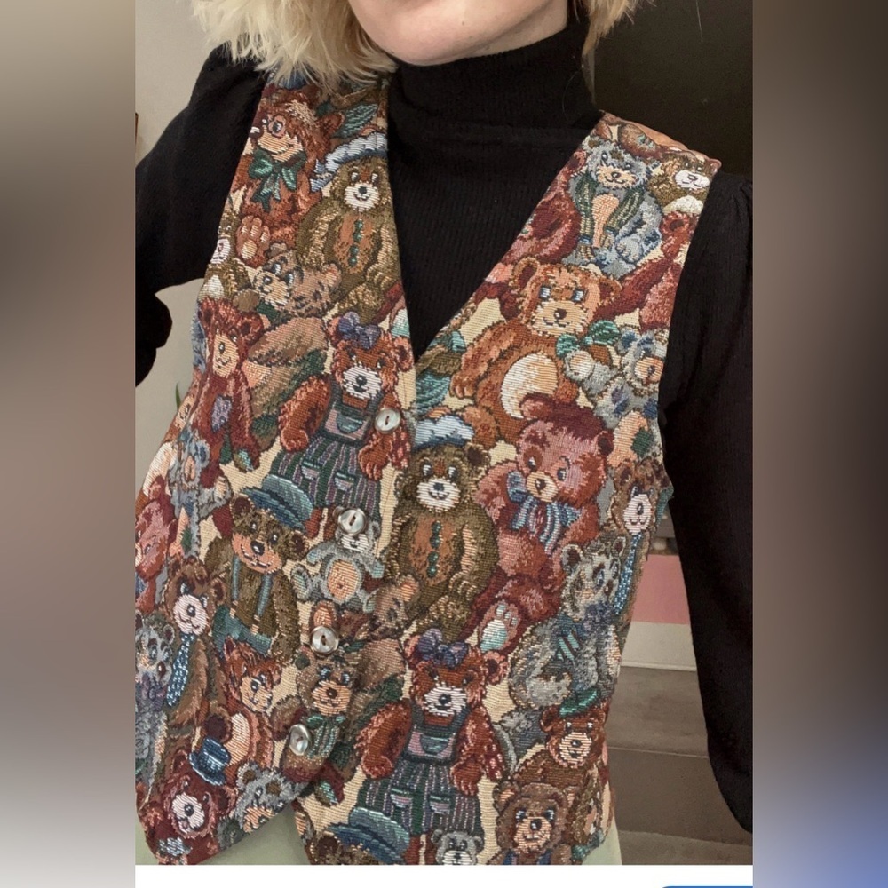 Vintage Facets Teddy Bear Tapestry Vest Quirky 90s Kitsch Cotton Brown Blue L